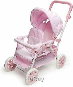 Pink Baby Doll Double Twin Canopy Folding Play Stroller Toy Holds 2 Dolls