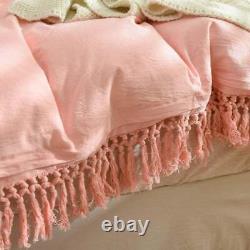Pink Fringes Linen Duvet Cover Green Linen Bedding Set in Twin Full Queen King