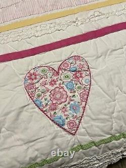 Pottery Barn Kids/Girl Hearts & Stripes Retired Twin/Double Quilt & Sham 86 x 86