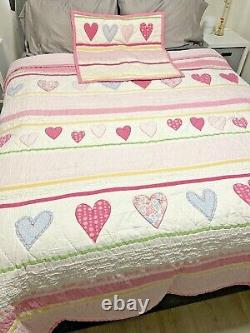 Pottery Barn Kids/Girl Hearts & Stripes Retired Twin/Double Quilt & Sham 86 x 86