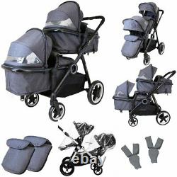 Pram System Double Twin Travel Tandem Pushchair Buggy Stroller Carseat Pebble