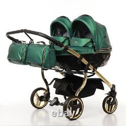 Premium Twin Pram Junama Fluo Line Duo Green+Black+Gold Double Buggy Baby Twins