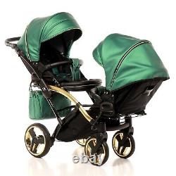 Premium Twin Pram Junama Fluo Line Duo Slim Green+Black Double Buggy Baby Twins