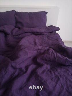 Purple Color linen bedding set Softness Linen duvet cover With Coconut Buttons