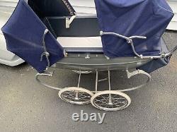 RARE Silver Cross Twin Trident Pram Navy carriage double Shad Stroller