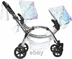 Roma Polly Sparkle Double Twin Dolls Pram 2 in 1 Stroller & Carry Cot Mermaid