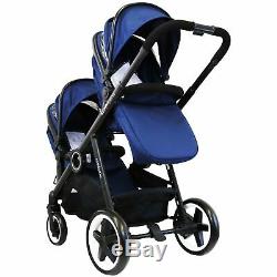 SPECIAL OFFER Blue Lightweight Double Twin Tandem Pram Stroller inc Raincover