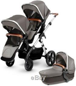 Silver Cross Wave Twin Baby Double Pram System Stroller with Bassinet Sable NEW