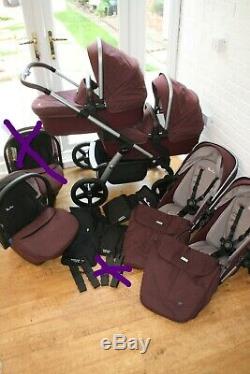 Silver Cross twin pram pushchair travel system 3 in 1 Purple Claret