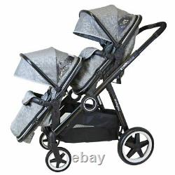 Silver Lightweight Twin Tandem Pram Stroller inc Carrycots Footmuff & Raincover