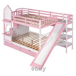 Solid Wood Bunk Bed with Slide Storage Drawers Staircases Twin Full Size Bed Frame