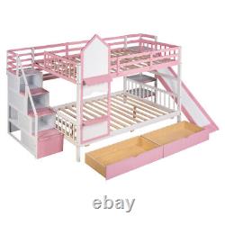 Solid Wood Bunk Bed with Slide Storage Drawers Staircases Twin Full Size Bed Frame