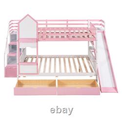 Solid Wood Bunk Bed with Slide Storage Drawers Staircases Twin Full Size Bed Frame