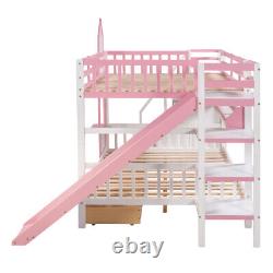 Solid Wood Bunk Bed with Slide Storage Drawers Staircases Twin Full Size Bed Frame