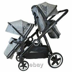 Tandem Double Twin Pram Baby Travel System Grey + Carseat, Carrycot & Raincover