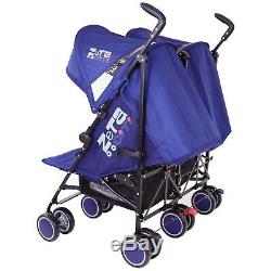 Twin Boys Blue Navy Double Stroller Buggy Pushchair inc Raincover & Footmuff