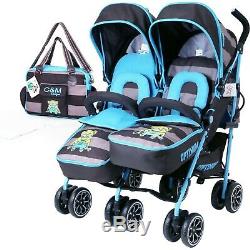 Twin Boys Double Blue Stroller Pushchair Pram Buggy inc Raincover & Bag