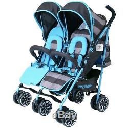 Twin Boys Double Blue Stroller Pushchair Pram Buggy inc Raincover & Bag