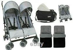 Twin Boys Grey Double Stroller Buggy Pushchair inc Raincover Bag & Footmuffs