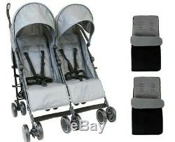 Twin Boys Grey Double Stroller Buggy Pushchair inc Raincover & Footmuff
