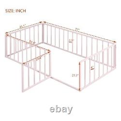 Twin / Full /Queen Size Metal Floor Bed Frame with Fence and Door for Kids Child