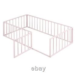 Twin / Full /Queen Size Metal Floor Bed Frame with Fence and Door for Kids Child