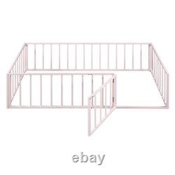 Twin / Full /Queen Size Metal Floor Bed Frame with Fence and Door for Kids Child