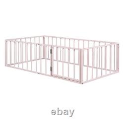 Twin / Full /Queen Size Metal Floor Bed Frame with Fence and Door for Kids Child