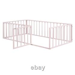 Twin / Full /Queen Size Metal Floor Bed Frame with Fence and Door for Kids Child