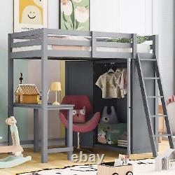 Twin / Full Size Loft Bed with Wardrobe Desk Storage Shelves for Kids Child Gift