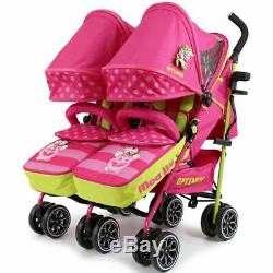 Twin Girls Double Pink Stroller Pushchair Buggy Inc Raincover, & Cupholder