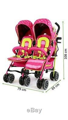 Twin Girls Double Pink Stroller Pushchair Buggy Inc Raincover, & Cupholder