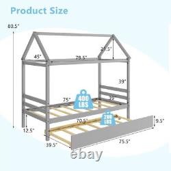 Twin Size Kids Bed Frame Wood Floor Child House Trundle Bed Toddler Boys Bedroom