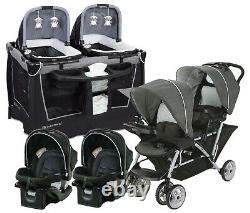Twins Baby Double Stroller with 2 Car Seats & Infant Playard Combo Travel Set