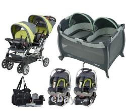 Twins Baby Double Stroller with 2 Car Seats Nursery Crib Bag Combo Travel System