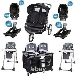 Twins Bundle of Travel System Jogger Stroller Playard 2 Car Seats Bases 2 Chairs