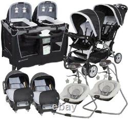 Unisex Baby Double Stroller Combo with 2 Car Seats Twins Nursery Center 2 Swings