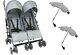 Unisex Grey Twin Double Buggy Pram Pushchair Stroller Inc Parasol & Raincover