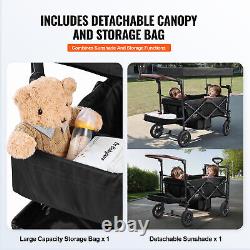 VEVOR Wagon Stroller Push Pull Quad Collapsible for 2 Kids with Canopy Black