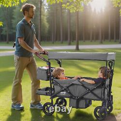 VEVOR Wagon Stroller Push Pull Quad Collapsible for 2 Kids with Canopy Dark Grey