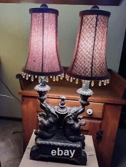 Vintage ART DECO BRONZE LAMP Dual Lampshades Elephants Twins Trunk Up Baby 24