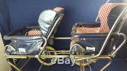 Vintage Perego Double Twin Baby Carriage Pram Blue Red Gingham Removeable Seats