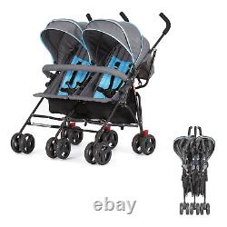 Volgo Twin Umbrella Stroller in Blue, Lightweight Double Stroller for Infant & T