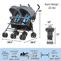 Volgo Twin Umbrella Stroller in Blue, Lightweight Double Stroller for Infant & T