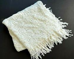 Vtg Crochet Twin Double Bedspread Boho Granny 77 x 89 Tassles Shabby White