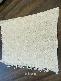 Vtg White Crochet Coverlet Twin Double Bedspread Boho 77 x 89 Tassles Shabby