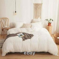 White Pom Pom Linen Bedding Set Queen Comforter Twin Full Queen King Duvet Set
