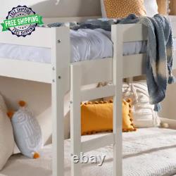 White Solid Wood Twin over Twin Bunk Bed with Integrated Ladder