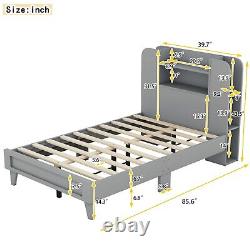 Wood Twin / Full Size Platform Bed with Storage Headboard Shelves for Kids Child