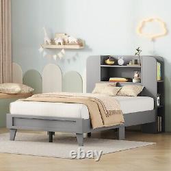 Wood Twin / Full Size Platform Bed with Storage Headboard Shelves for Kids Child